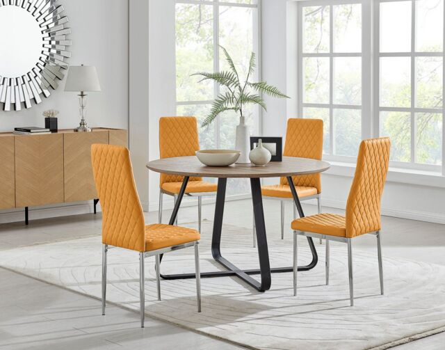 FurnitureboxUK Santorini Brown Wood Contemporary Round Dining Table & 4 Milan Chairs Set in Mustard - image 1