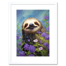 Artery8 Wall Art Print Carefree Sloth in a Field of Lavender Daisies Oil Painting Enjoying the Spring Rain Kids Bedroom Artwork Framed 9X7 Inch - thumbnail 1
