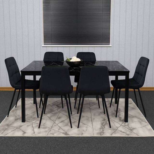 KOSY KOALA Black Glass Marble Effect Dining Table Set with Velvet Chairs - image 1