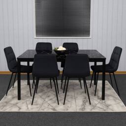 KOSY KOALA Black Glass Marble Effect Dining Table Set with Velvet Chairs - thumbnail 1