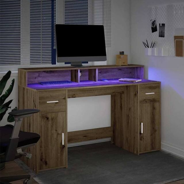 Berkfield Home Soft Desk with LED Lights Artisian Oak 140x55x91 cm Engineered Wood in Brown - Size: 140 x 55 x 91 cm - image 1