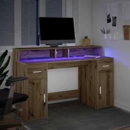 Berkfield Home Soft Desk with LED Lights Artisian Oak 140x55x91 cm Engineered Wood in Brown - Size: 140 x 55 x 91 cm - thumbnail 1