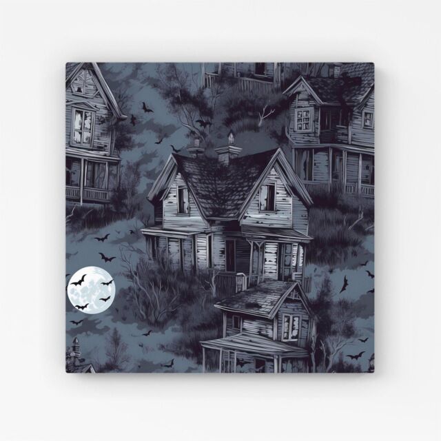 "Warren Reed - Designer Spooky Shadowy Haunted House Canvas in Grey - Size: W16"" x H16""" - image 1
