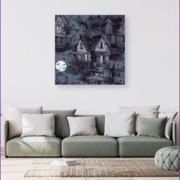 "Warren Reed - Designer Spooky Shadowy Haunted House Canvas in Grey - Size: W16"" x H16""" - thumbnail 4