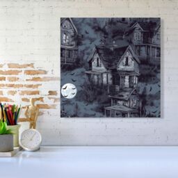 "Warren Reed - Designer Spooky Shadowy Haunted House Canvas in Grey - Size: W16"" x H16""" - thumbnail 2