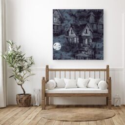 "Warren Reed - Designer Spooky Shadowy Haunted House Canvas in Grey - Size: W16"" x H16""" - thumbnail 3