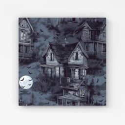 "Warren Reed - Designer Spooky Shadowy Haunted House Canvas in Grey - Size: W16"" x H16""" - thumbnail 1