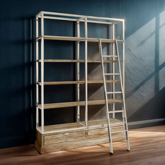 Orsina Display Unit With Moveable Ladder, Shelf Unit With Storage Drawers, Wall Shelving Unit, Pine Wood Bookcase in Brown - image 1