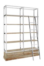 Orsina Display Unit With Moveable Ladder, Shelf Unit With Storage Drawers, Wall Shelving Unit, Pine Wood Bookcase in Brown - thumbnail 4