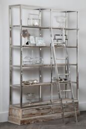 Orsina Display Unit With Moveable Ladder, Shelf Unit With Storage Drawers, Wall Shelving Unit, Pine Wood Bookcase in Brown - thumbnail 2