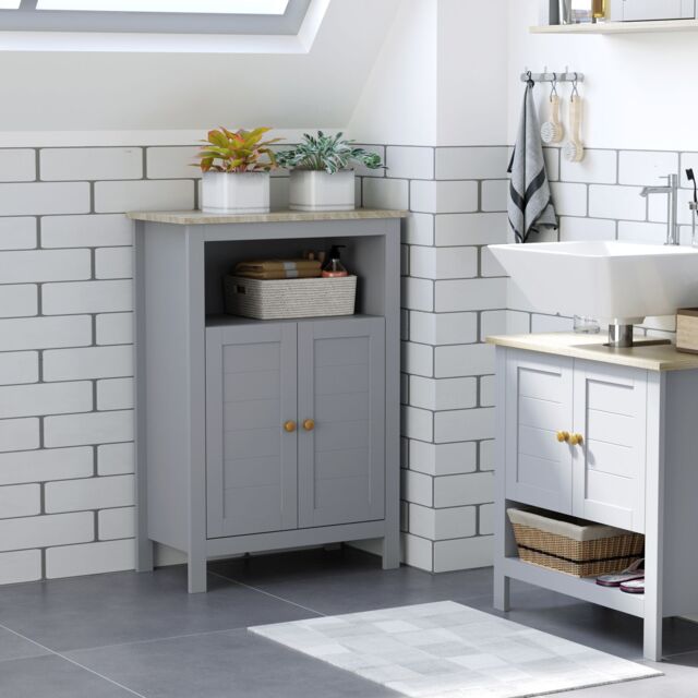 Kleankin Bathroom Floor Cabinet Free Standing Unit with Doors Adjustable Shelf in Grey - image 1