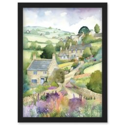 Artery8 Countryside Spring Landscape with Cottages Modern Watercolour Painting Artwork Framed Wall Art Print A4 in Black - thumbnail 1