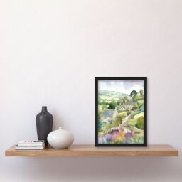 Artery8 Countryside Spring Landscape with Cottages Modern Watercolour Painting Artwork Framed Wall Art Print A4 in Black - thumbnail 2