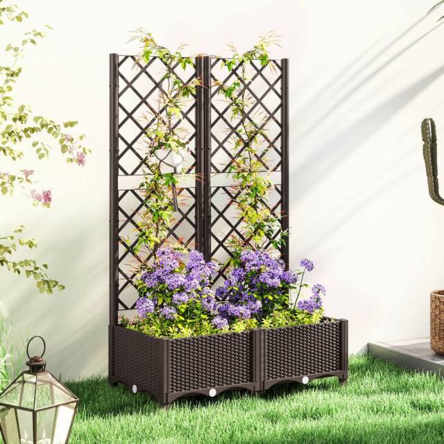 OUTSUNNY Plastic Planter Box with Trellis, Vegetable Planter w/ Drain Plugs in Brown - image 1