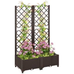 OUTSUNNY Plastic Planter Box with Trellis, Vegetable Planter w/ Drain Plugs in Brown - thumbnail 2