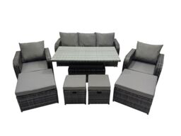 Fimous Rattan Garden Furniture Dining Set 8-seater with 4 Footstools in Dark Grey - thumbnail 1
