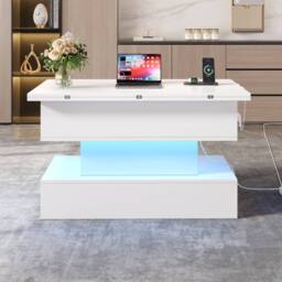BTM Lift Top Coffee Table LED Storage USB Charging Sofa Dining Table in White - thumbnail 4
