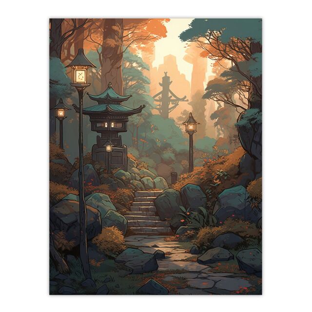 Artery8 Wall Art Print Traditional Japan Garden Painting Path with Stone Lanterns Orange Green Pastel Colour Autumn Sunset Landscape Poster - image 1