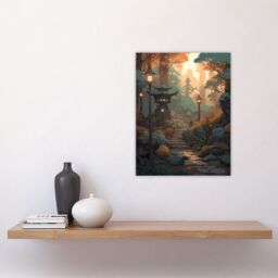 Artery8 Wall Art Print Traditional Japan Garden Painting Path with Stone Lanterns Orange Green Pastel Colour Autumn Sunset Landscape Poster - thumbnail 4
