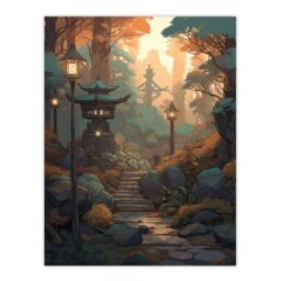 Artery8 Wall Art Print Traditional Japan Garden Painting Path with Stone Lanterns Orange Green Pastel Colour Autumn Sunset Landscape Poster - thumbnail 1