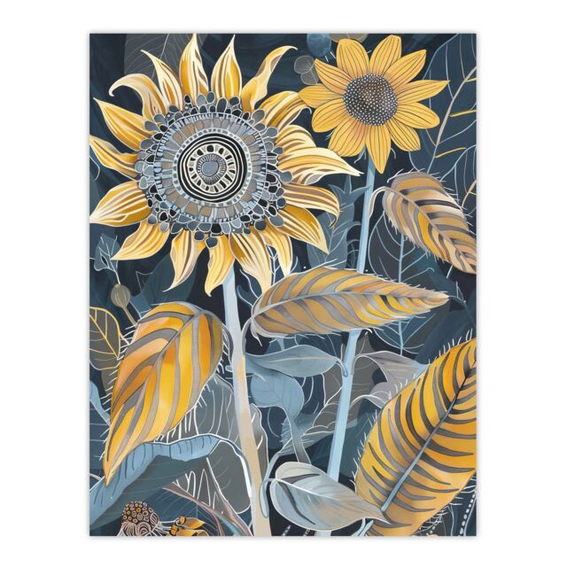 "Artery8 Stylised Sunflower Yellow Blue Pattern Painting Wall Art Print - Size: W18"" x H24""" - image 1