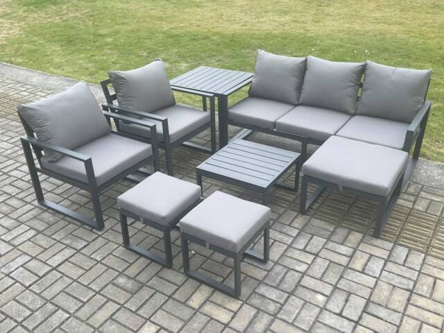 Fimous Aluminium Outdoor Lounge Sofa Set Garden Furniture Sets with Square Coffee Table 2 Chairs 3 Footstools Side Table Dark Grey 8 Seater - image 1