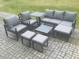 Fimous Aluminium Outdoor Lounge Sofa Set Garden Furniture Sets with Square Coffee Table 2 Chairs 3 Footstools Side Table Dark Grey 8 Seater - thumbnail 1