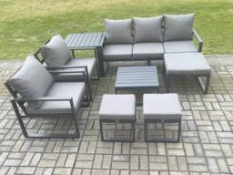 Fimous Aluminium Outdoor Lounge Sofa Set Garden Furniture Sets with Square Coffee Table 2 Chairs 3 Footstools Side Table Dark Grey 8 Seater - thumbnail 2