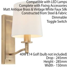 Loops 2 PACK Dimmable LED Wall Light Antique Brass & White Shade Classic Vintage Lamp - thumbnail 3