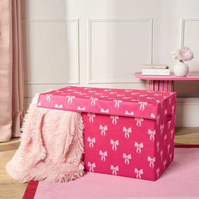 OHS Bows Foldable Fabric Storage Box Toy Organiser with Lid in Bright Pink - image 1