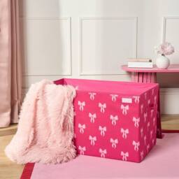 OHS Bows Foldable Fabric Storage Box Toy Organiser with Lid in Bright Pink - thumbnail 2