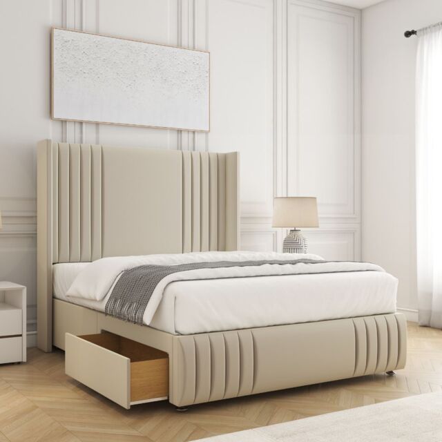 "BSSPOKE Peyton Divan Bed Velvet Set 54""Headboard 2Drawers Footend & Mattress in Cream - Size: Double" - image 1