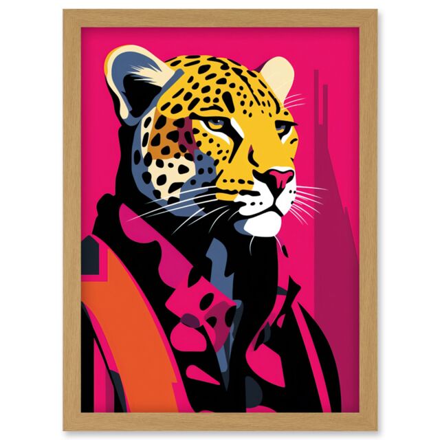 Artery8 Wall Art Print Strong Leopard in Suit Bold Artwork Orange Pop Art Hot Pink Vibrant Portrait Artwork Framed A4 in Light Oak - image 1