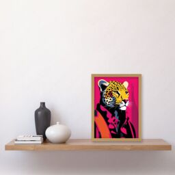 Artery8 Wall Art Print Strong Leopard in Suit Bold Artwork Orange Pop Art Hot Pink Vibrant Portrait Artwork Framed A4 in Light Oak - thumbnail 2