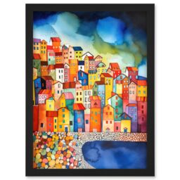 Artery8 Menton France Seaside Town Folk Art Artwork Framed Wall Art Print A4 in Black - thumbnail 1