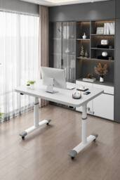 Living and Home 100 x 60cm Manual Height-Adjustable Computer Desk with Wheels in White - Size: 100 x 60 cm