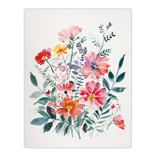 "Artery8 Boho Spring Flower Bouquet Pastel Watercolour Wall Art Print - Size: W18"" x H24""" - image 1