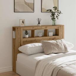 Berkfield Home LED Headboard Artisan Oak 140x18.5x103.5 cm Engineered Wood in Brown - thumbnail 2