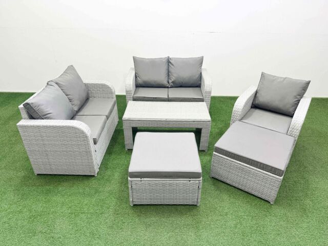 Fimous High Back Poly Rattan Garden Furniture Set w/ Reclining Chair Loveseat Sofa Oblong Coffee Table Indoor Outdoor Patio Set 2 Big Stool Light Grey - image 1