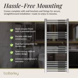 Balterley Straight Heated Towel Rail Radiator, 344W, 500 x 1100mm, Chrome in Silver - thumbnail 4