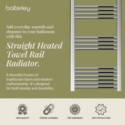 Balterley Straight Heated Towel Rail Radiator, 344W, 500 x 1100mm, Chrome in Silver - thumbnail 2