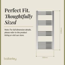 Balterley Straight Heated Towel Rail Radiator, 344W, 500 x 1100mm, Chrome in Silver - thumbnail 5