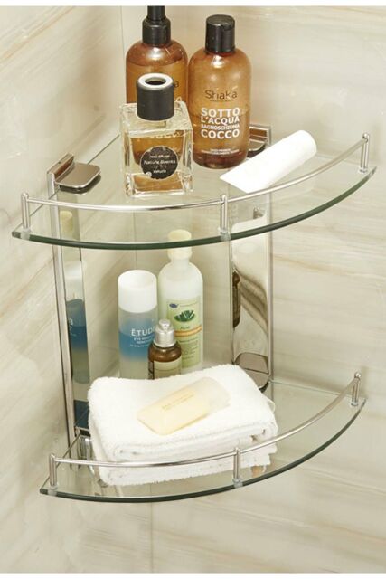 Living and Home 2-Tier Tempered Glass Corner Shelf Bathroom Wall Mounted in Silver - image 1