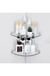 Living and Home 2-Tier Tempered Glass Corner Shelf Bathroom Wall Mounted in Silver - thumbnail 5