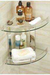 Living and Home 2-Tier Tempered Glass Corner Shelf Bathroom Wall Mounted in Silver - thumbnail 1