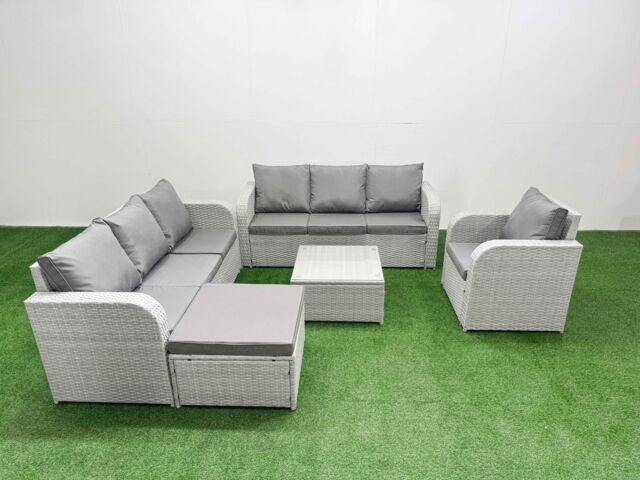 Fimous 8 Seater Poly Rattan Outdoor Garden Furniture Square Coffee Table Sofa Set Patio 3 Seater Sofa Reclining Chair 3 Seater Sofa Big Footstool - image 1