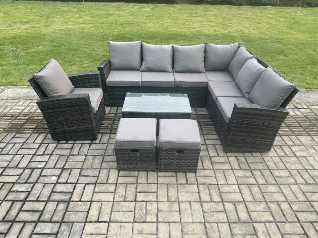 Fimous Wicker PE Outdoor Garden Furniture Set High Back Rattan Corner Sofa Set with Arm Chair Rectangular Coffee Table 2 Small Footstools in Dark Grey - image 1