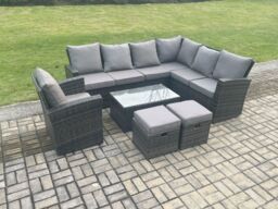 Fimous Wicker PE Outdoor Garden Furniture Set High Back Rattan Corner Sofa Set with Arm Chair Rectangular Coffee Table 2 Small Footstools in Dark Grey - thumbnail 2