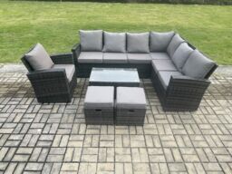 Fimous Wicker PE Outdoor Garden Furniture Set High Back Rattan Corner Sofa Set with Arm Chair Rectangular Coffee Table 2 Small Footstools in Dark Grey - thumbnail 1