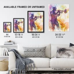 "Artery8 Trombonist Playing Jazz Music Watercolour Musical Wall Art Print in Purple - Size: W18"" x H24""" - thumbnail 3